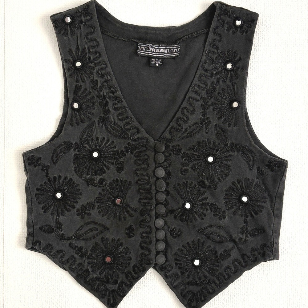 90s boho Vest Embroidered Mirror Work Size M whimsigoth  Black